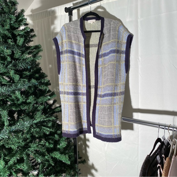 Two by Vince Camuto Mohair Wool Open Vest Plaid Cardigan Small - Picture 2 of 6
